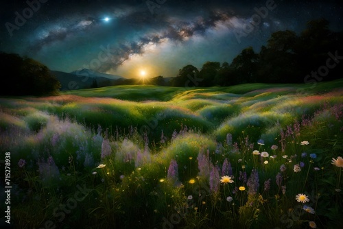 Behold the enchantment of a moonrise casting its silvery glow over a lush green field adorned with a carpet of vibrant wildflowers.   © Fatima