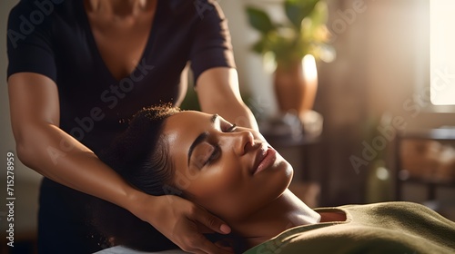 A black african american woman enjoys a massage at a spa salon photo