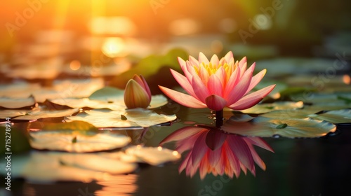 A graceful Pink water lily, Perry's Orange Sunset, adds elegance to the garden pond, Ai Generated.
