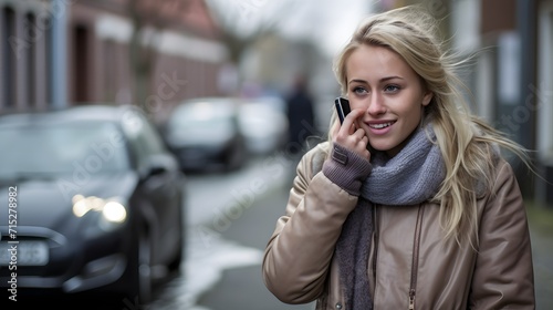 A young blonde haired woman checks her mobile on the street in the city © Vivid Canvas