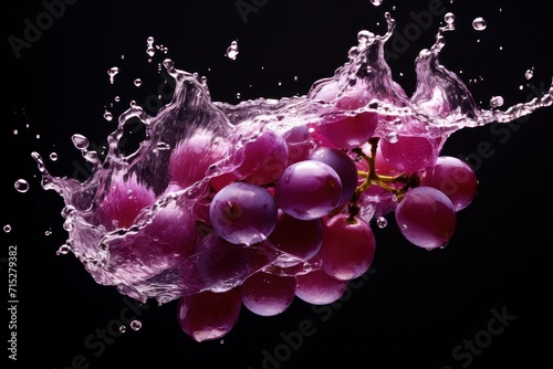  a bunch of grapes with water splashing off of them on a black background with a splash of water on the top of the grapes.