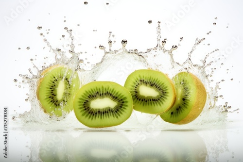  a group of kiwis cut in half with water splashing out of the top of the kiwi.