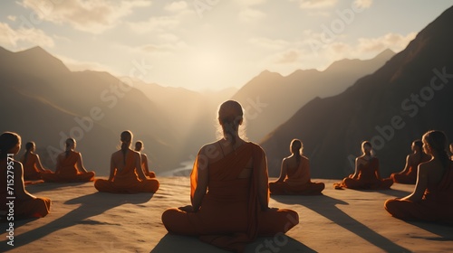 A group of young people meditating and performing yoga on a hillside ashram in India