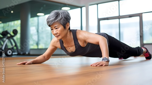 Senior asian woman doing plank press up exercises at the gym