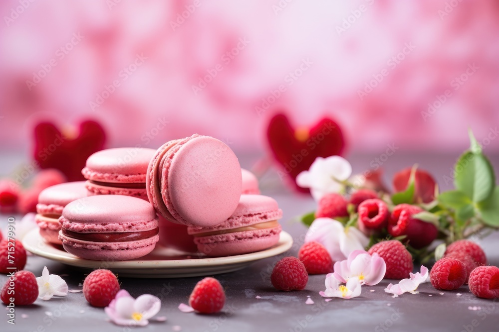 a plate of raspberry macaroons next to a bunch of raspberries and a bunch of flowers. a plate of raspberry macaroons next to a bunch of raspberries and a bunch of flowers.