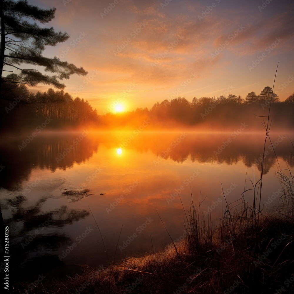 the sun is setting over a lake in the middle of a foggy day with tall grass in the foreground and trees in the background. the sun is setting over a lake in the middle of a foggy day with tall grass in the foreground and trees in the background.