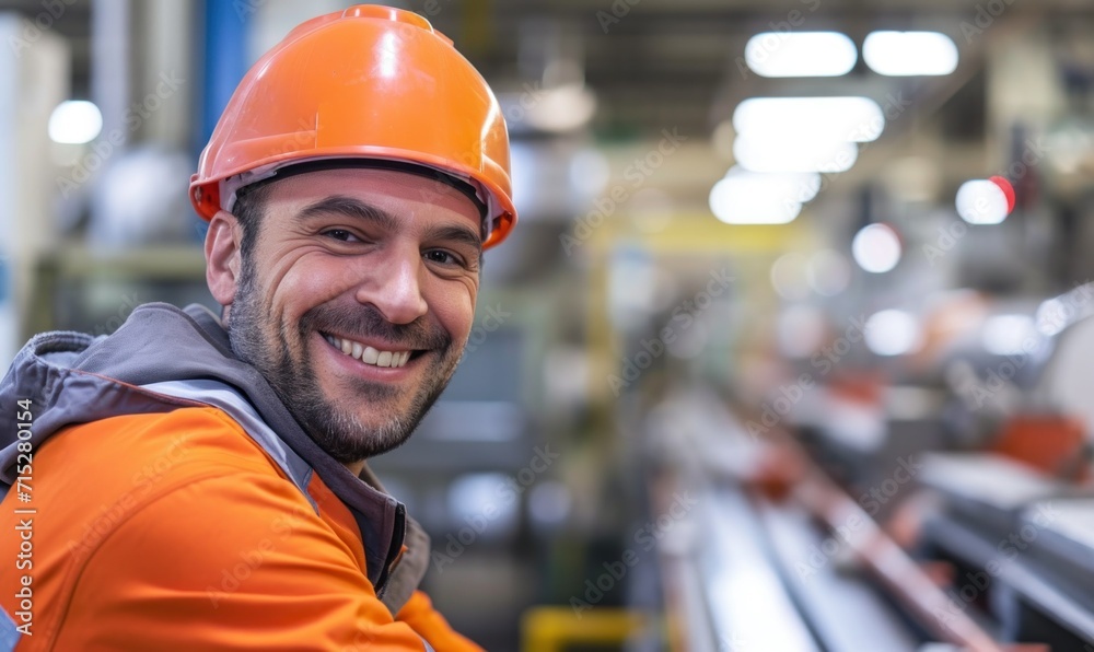 Cheerful Factory Worker with Orange Helmet. Generative AI. Cheerful Factory Worker with Orange Helmet. Generative AI.
