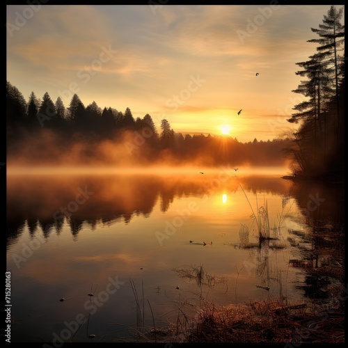 a body of water with trees in the background and a sun setting in the middle of the water and fog in the air.