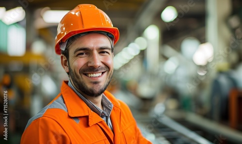 Smiling Industrial Worker in Orange Safety Helmet. Generative AI.