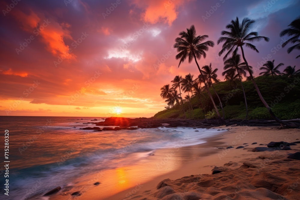  a sunset on a tropical beach with palm trees in the foreground and the sun setting over the ocean in the background.