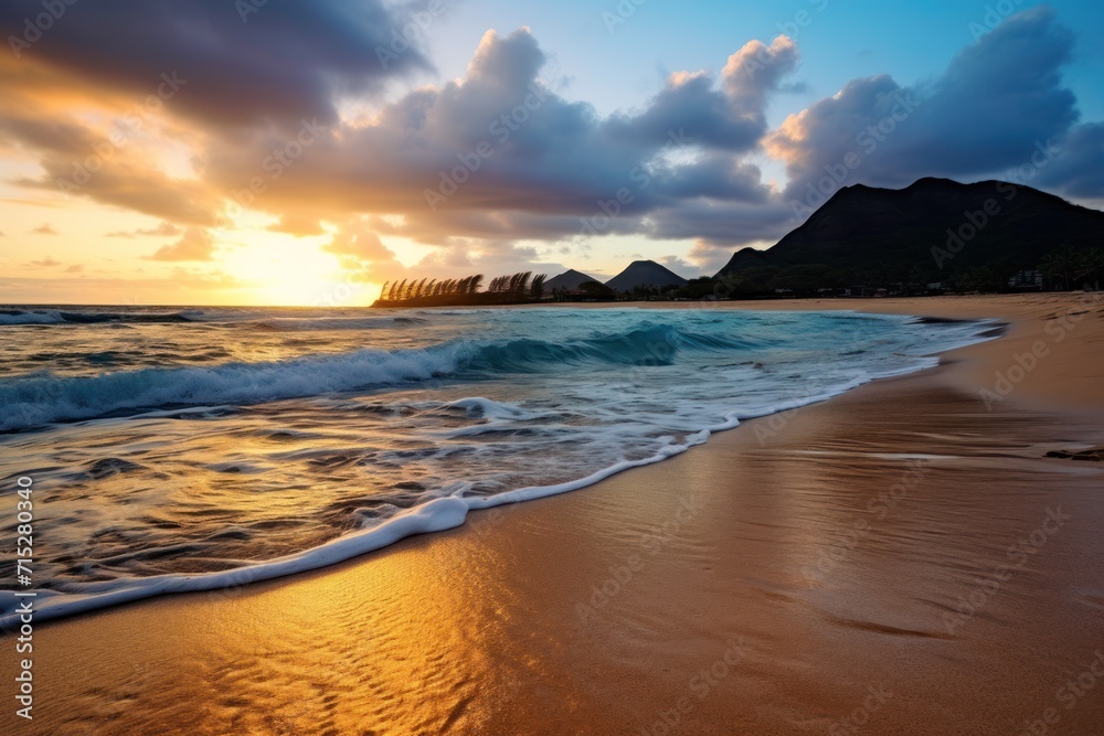 a sandy beach with waves coming in to the shore and a mountain in the distance with clouds in the sky. a sandy beach with waves coming in to the shore and a mountain in the distance with clouds in the sky.