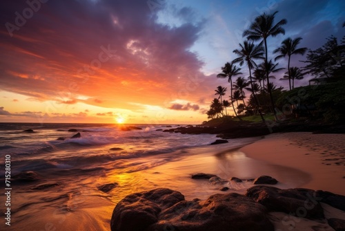  a sunset on a tropical beach with palm trees in the foreground and waves crashing on the rocks in the foreground.