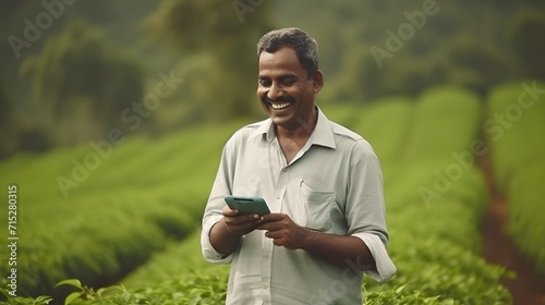 An indian farmer using his smart phone in the fields remotely photo