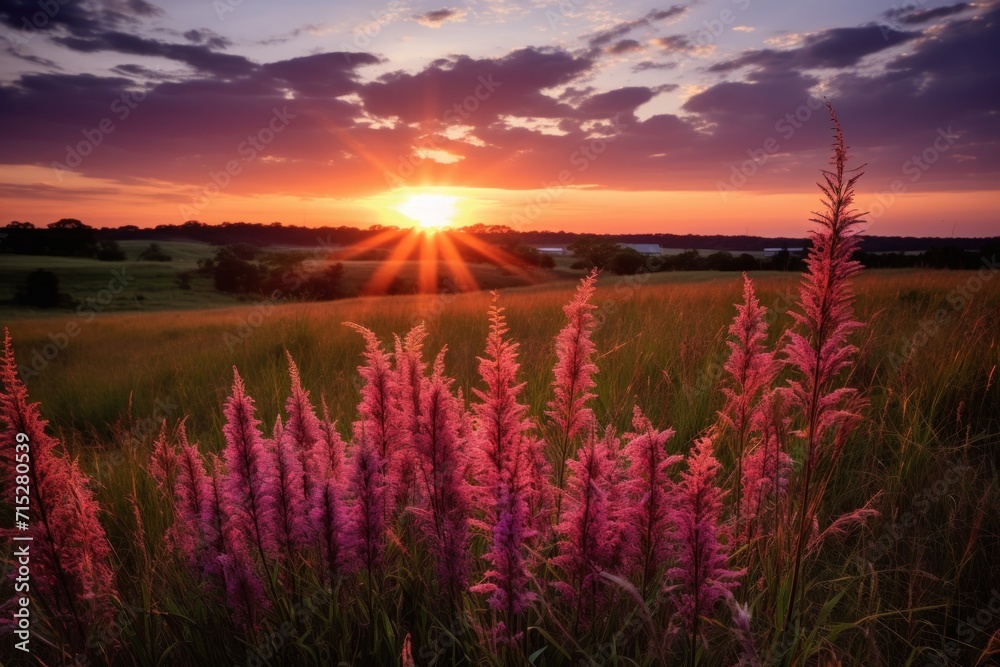  the sun is setting over a field of wildflowers in the foreground, with a field of grass in the foreground.