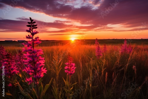  the sun is setting over a field of wildflowers in the foreground  with a field of tall grass in the foreground.