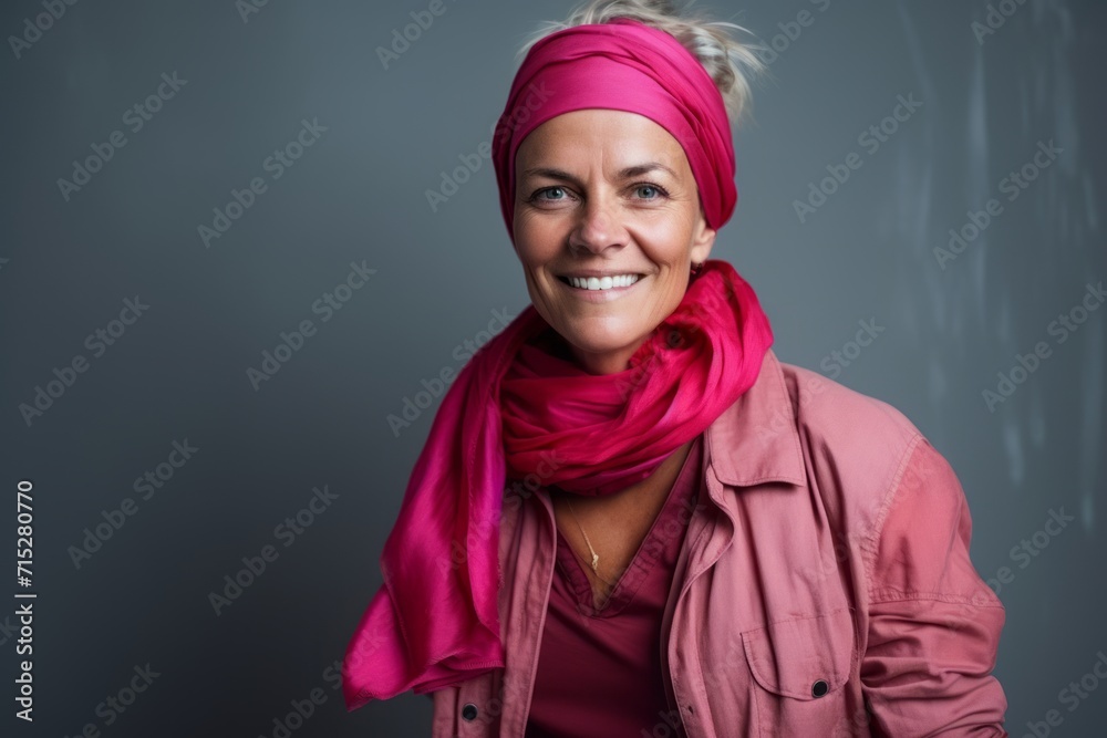 Portrait of a middle aged woman wearing pink headscarf. Portrait of a middle aged woman wearing pink headscarf.