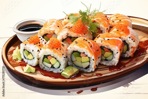  a plate of sushi with sauce and garnishes on a wooden platter with a small bowl of dipping sauce.