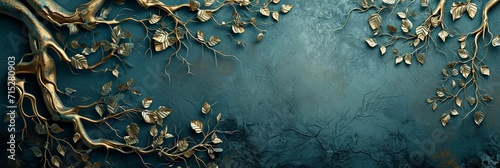 Dark Tree Deco Light Blue and Bronze Abstract Art and Craft Background in the style of Realistic Decorative Nightmarish Relief Matte made of Vines Wallpaper created with Generative AI Technology