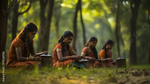 Young Indian girls woman make garlands of marigold flowers together in the woods