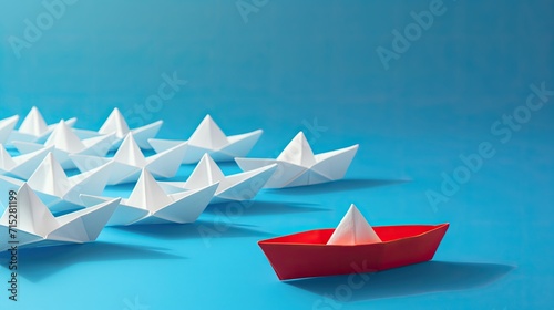 Leadership concept, standout unique red boat leading from the front, paper boats on blue background. Generative ai