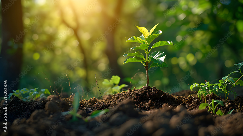 Plant seeds sprout from the soil in a sunlit forest, capturing the close-up of a small tree growing against a neutral background. - obrazy, fototapety, plakaty 