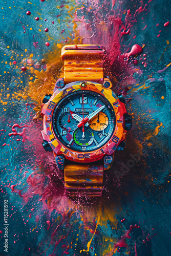 abstract watch with colorful paint splashing around vintage poster design multilayered realism art of the illustrations photo