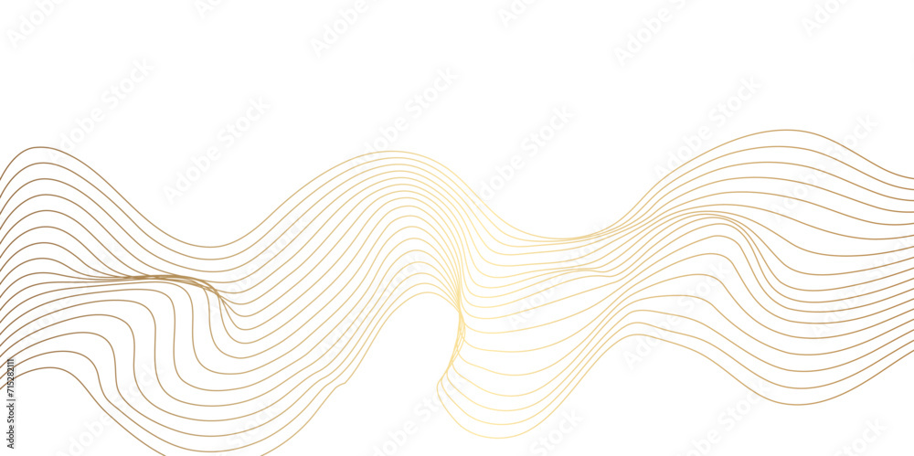 Vector abstract golden wavy, curve and ocean flowing dynamic lines isolated on transparent background. Design for banner, flyer, cover, technology, science, brochure, ocean. - obrazy, fototapety, plakaty 