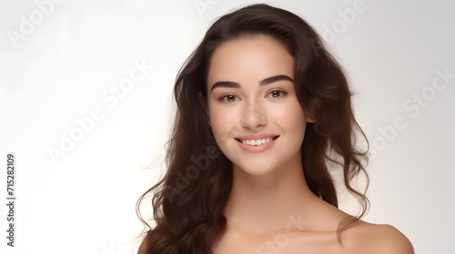 Closeup of attractive young white woman with bare shoulders, smooth skin and an elegant updo hairstyle and bare shoulders. Isolated on a white background. 