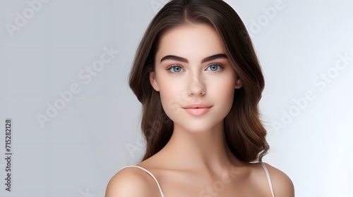 Closeup of attractive young white woman with bare shoulders, smooth skin and an elegant updo hairstyle and bare shoulders. Isolated on a white background. 