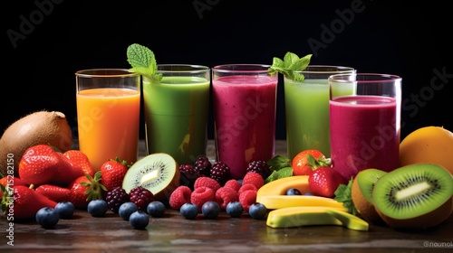 A line of colourful smoothies made with blackberries, blueberries, kale, avocado, strawberries and raspberries isolated on a black background
