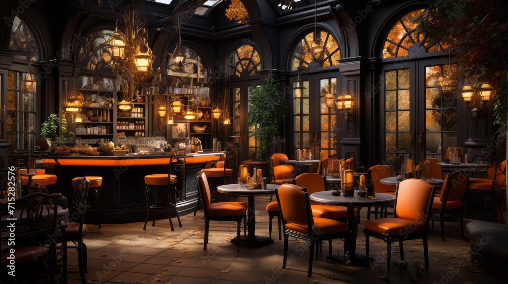 A Beverly Hills café transformed for Halloween, featuring pumpkin spice lattes, Halloween