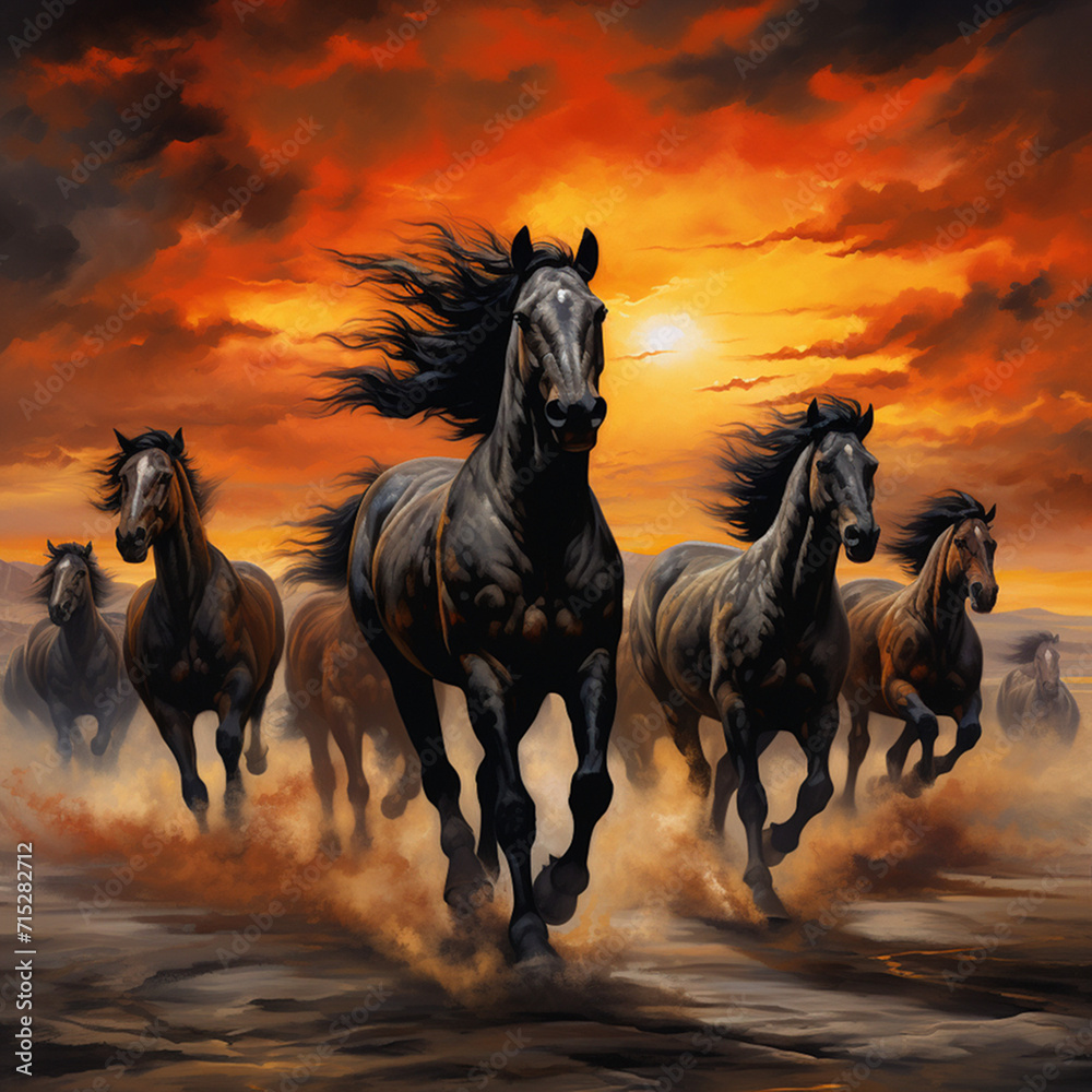 A herd of Friesian horses gallops on top of a sandy beach under a cloudy blue and orange sky with sunset A herd of Friesian horses gallops on top of a sandy beach under a cloudy blue and orange sky with sunset