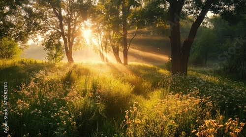 Rays of warm sunlight peeking through the trees and dancing across the meadow.