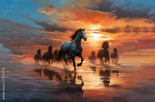 A herd of Friesian horses gallops on top of a sandy beach under a cloudy blue and orange sky with sunset