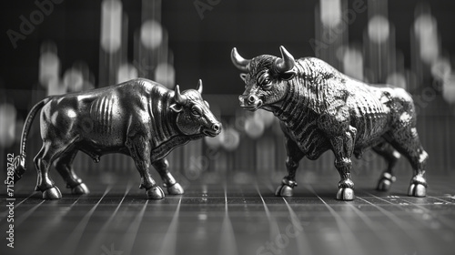 Dynamic bull & bear stock chart award, elegantly designed in silver & black. A symbol of market resilience, with copyspace for a wide banner impact.