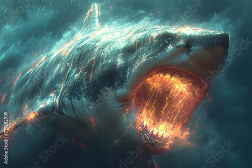 Illustration of a big shark emitting fire © Khamal