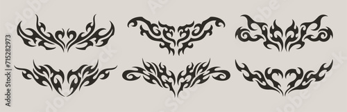 Neo Tribal Tattoo Set. Y2K Tattoo Hearts. Vector Gothic Acid Elements in Cyberpunk 2000s Style