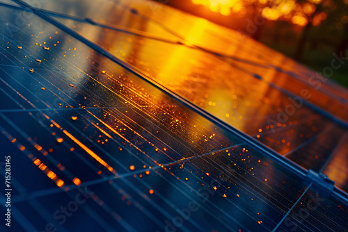 Close-up of a solar panel glistening with raindrops during a vibrant sunset, symbolizing renewable energy. © eaglesky