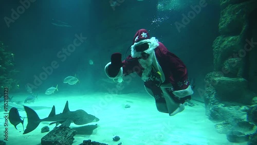 Santa underwater in scuba diving swims in a flock of fish and sharks. 4k super slow motion 120 fps raw cinematic video filmed on Nikon z9 at 8k photo