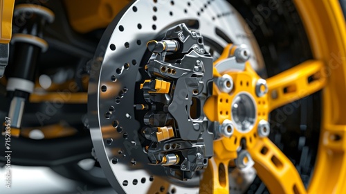 A closeup of the brake calipers mounting hardware reveals its sy and secure attachment to the vehicles rotor