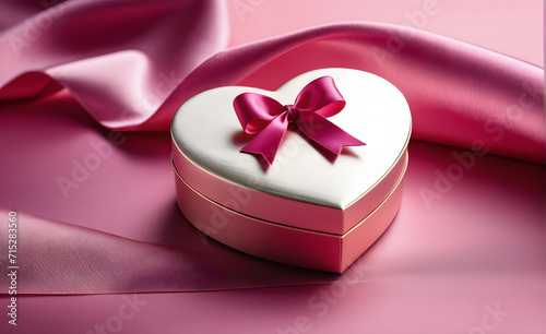 Heart-shaped gift box, nestled on a backdrop of smooth soft pink silk, Valentine's Day, Christmas. Generative AI © 냥냥냥 난