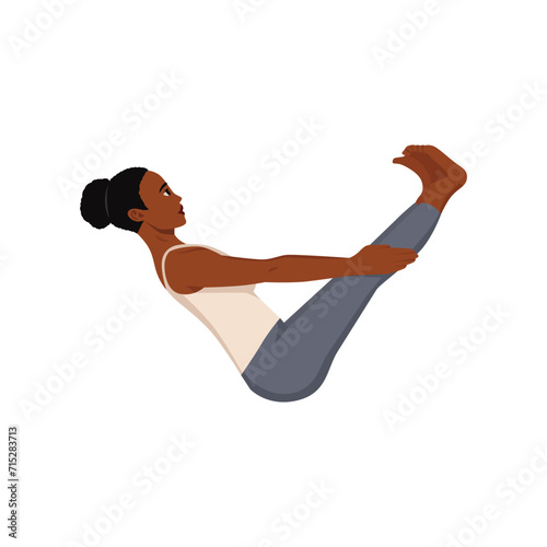 Woman doing Paripurna Navasana or Boat pose. Female cartoon character practicing Hatha yoga.gymnastics training. Flat vector illustration isolated on white background