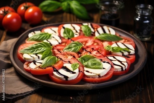  a plate of sliced tomatoes with mozzarella and basil on a wooden table next to a bottle of olive oil.