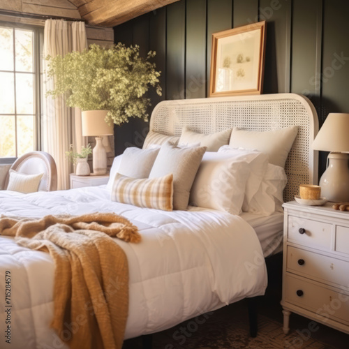 French country, farmhouse, provence style interior design of modern bedroom.