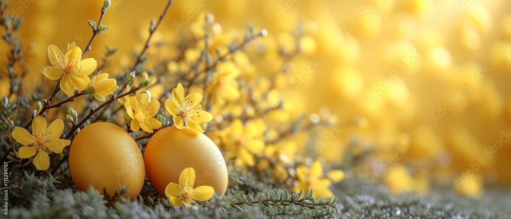 Nest with easter eggs in grass on a sunny spring day .easter flowers on a yellow-toned decoration, banner, panorama, and studio background, Free Copy Space Nest with easter eggs in grass on a sunny spring day .easter flowers on a yellow-toned decoration, banner, panorama, and studio background, Free Copy Space