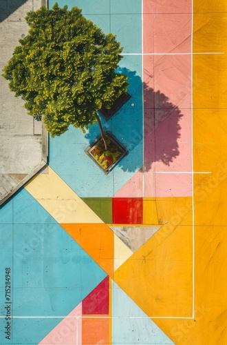 abstract colorful geometry pavement with a tree viewed from above © Robotoyo