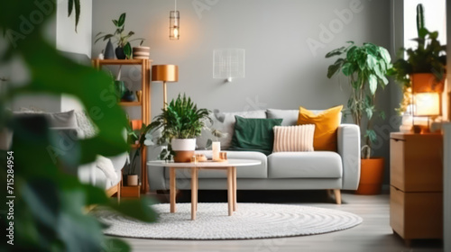Interior of living room with green houseplants and sofas. © NooPaew