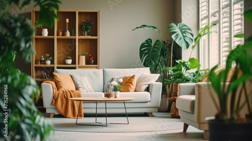 Interior of living room with green houseplants and sofas.