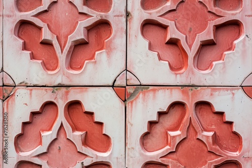the closeup of the floral tile wall in light red 