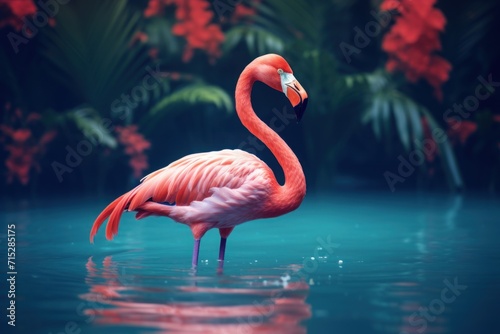  a pink flamingo standing in a body of water next to a lush green tree filled with red and pink flowers.